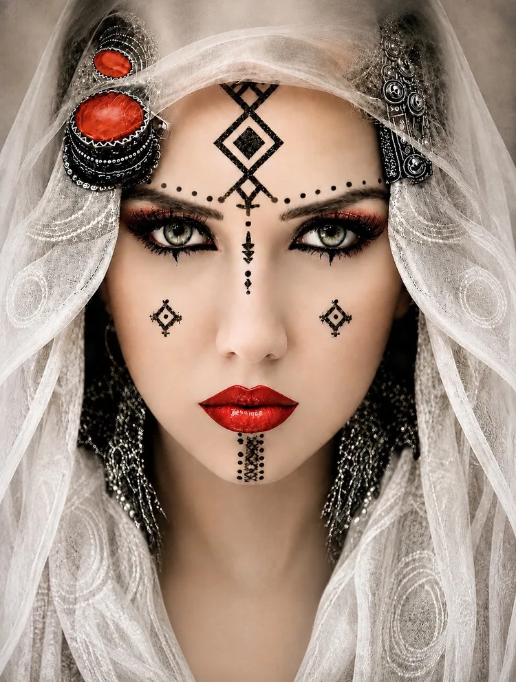 Visage aux tatouages géométriques, voile blanc brodé, bijoux rouges et argent.