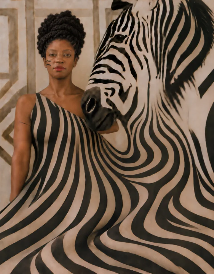 Femme vêtue d’une robe rayée dont les rayures se prolongent dans le corps d’un zèbre.