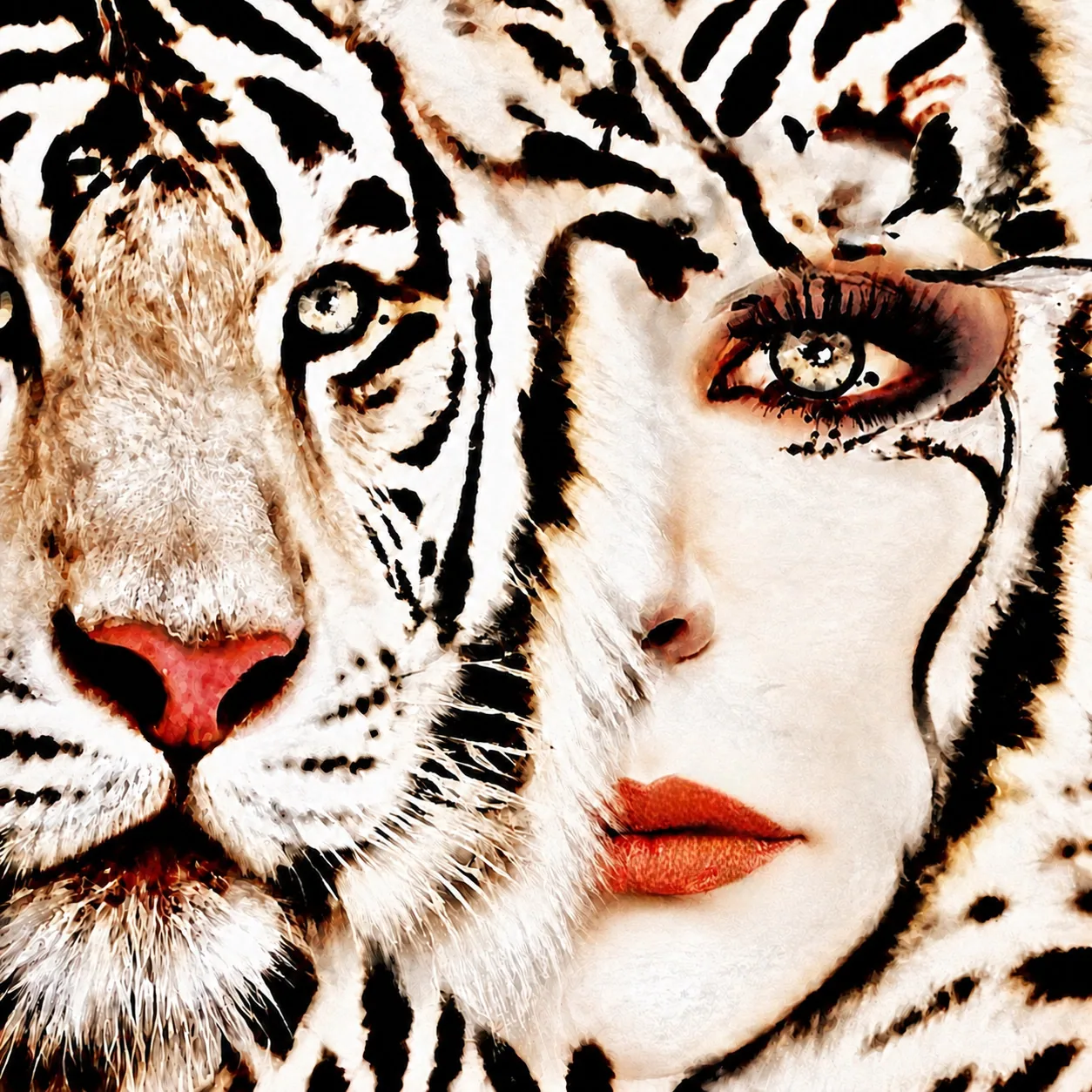 Tête de tigre blanc et visage féminin fusionnés, les rayures noires traversant les deux figures.
