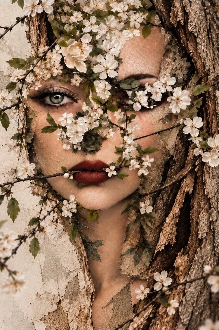 Visage couvert de fleurs blanches de cerisier et d’écorce.