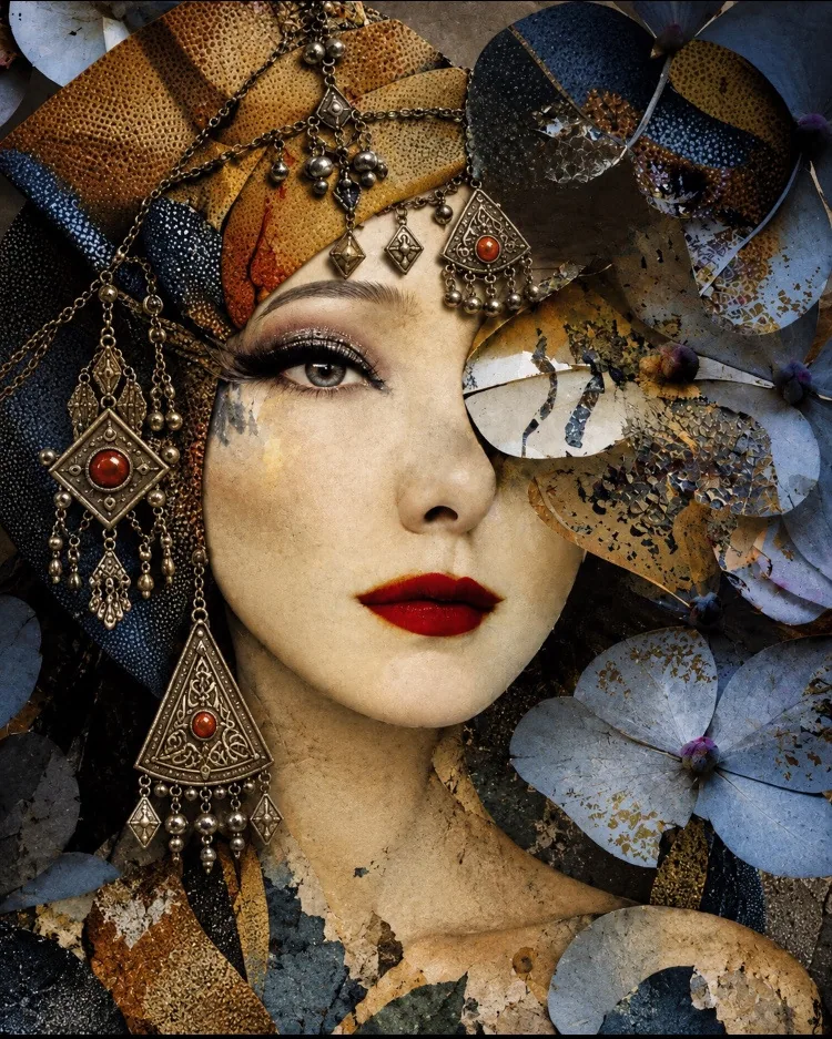 Visage coiffé de cuirs et de parures anciennes, fleurs bleutées, bijoux et lèvres rouges.