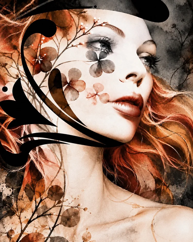 Visage de femme aux cheveux roux traversé de feuilles et de fleurs brunes en transparence, arabesque noire.