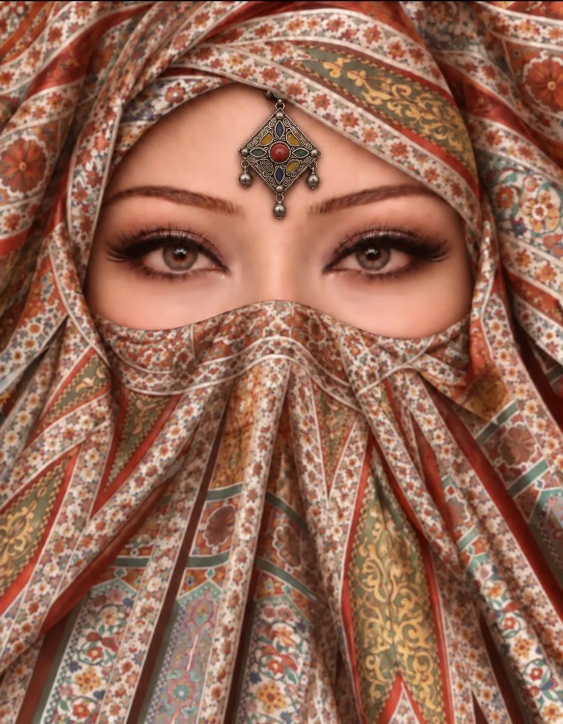 Regard au-dessus d’un voile à motifs cachemire, bijou frontal.