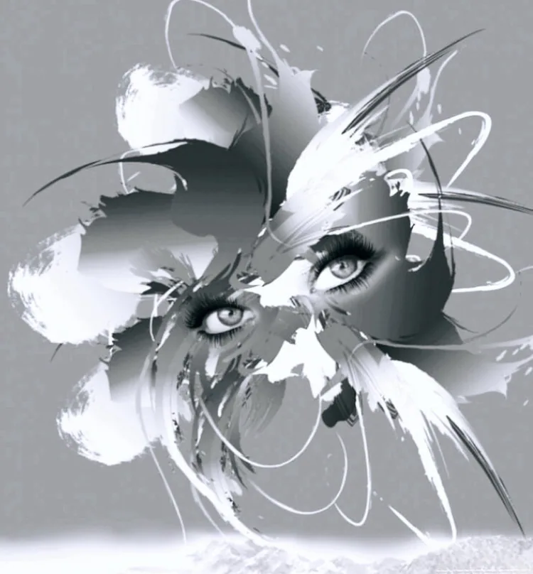 Visage féminin recomposé en éclats blancs et gris, comme une fleur de glace.