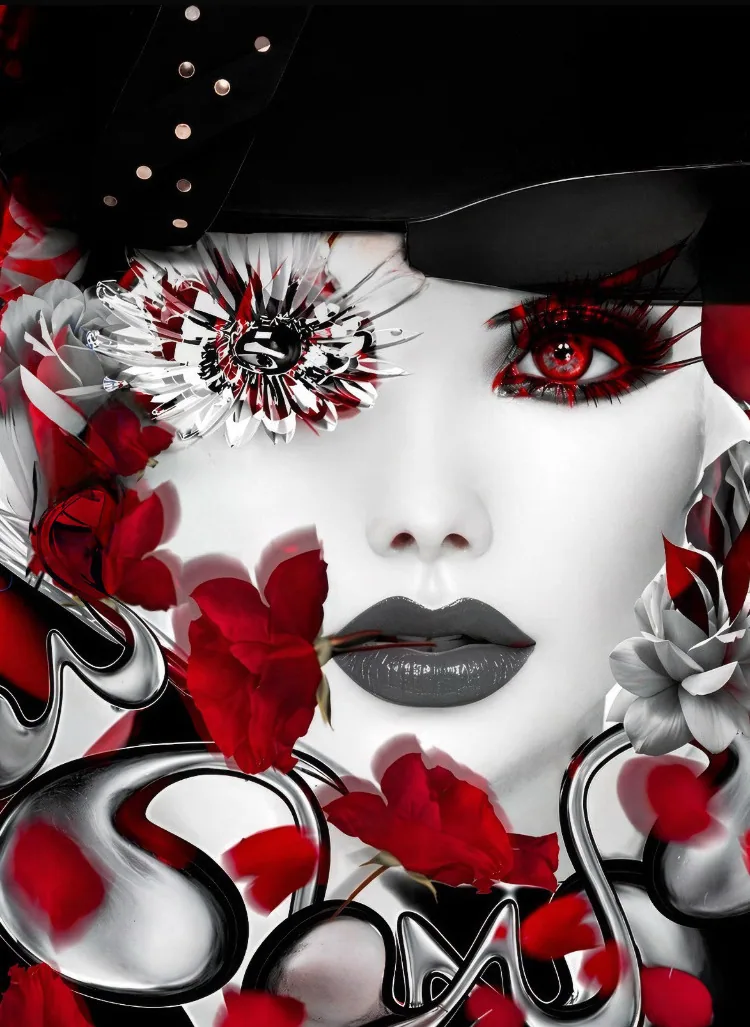 Visage pâle sous un chapeau noir, un œil rouge, fleurs et pétales rouges mêlés à des formes noires et argentées.