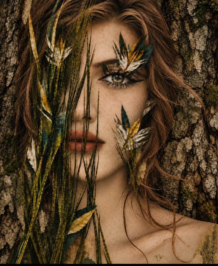 Femme aux cheveux roux, herbes et plumes sur le visage, fond d’écorce.