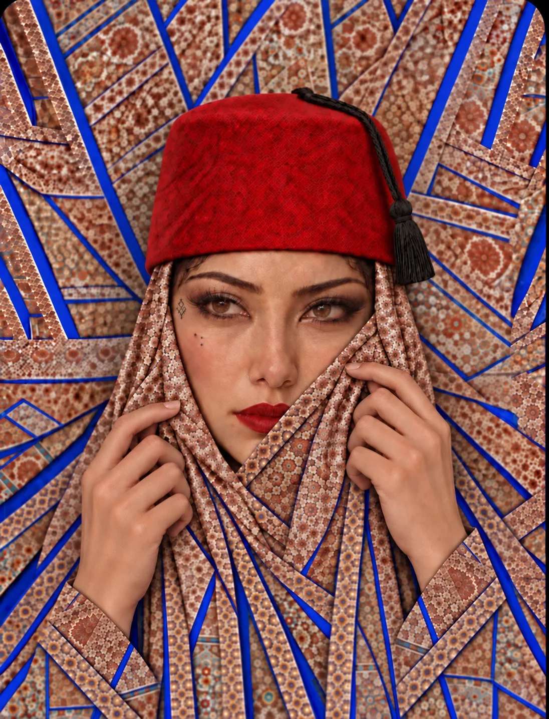 Femme coiffée d’une chéchia rouge, drapée d’étoffes à motifs, sur un fond de lignes bleues.
