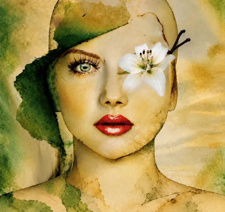 Visage aux tons verts et ocre, un lys blanc posé sur l’œil, lèvres rouges.